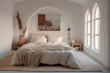 Master bedroom in Mediterranean style. Home decoration concept. Generative AI