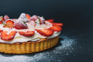 background of colorful cakes with fruit- close up of cakes