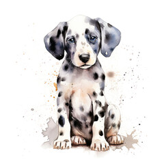 Dalmatian puppy. Stylized watercolour digital illustration of a cute dog with big blue eyes. AI