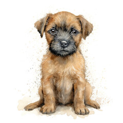 Border terrier puppy. Stylized watercolour digital illustration of a cute dog with big brown eyes. - obrazy, fototapety, plakaty