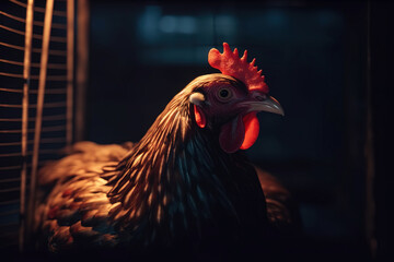 Generative AI image of side view of chicken in traditional wooden shed in farm at night