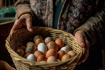 Generative AI image of from above of crop anonymous person carrying basket filled with fresh eggs at farm