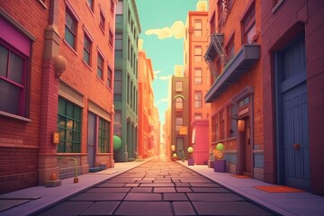 Fototapeta premium Colorful cartoon city street with vibrant buildings and clear sky