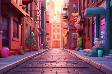 Colorful cartoon city street with vibrant buildings and clear sky