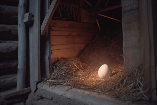 Generative AI image of fresh chicken egg placed on dry grass in yard of rural house