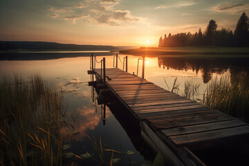 Fototapeta premium Tranquil morning landscape with peaceful reflection, vibrant sky, and diverse trees.