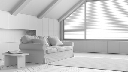 Total white project draft, attic interior design, minimal wooden living room with sloping ceiling and big panoramic window. Fabric sofa and decors. Japandi scandinavian style