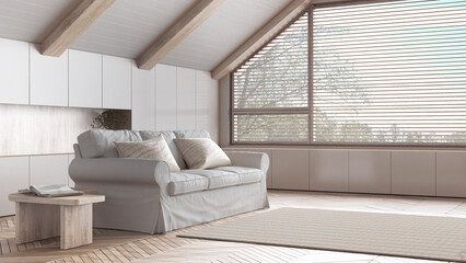 Attic interior design, minimal bleached wooden living room with sloping ceiling and big panoramic window in white tones. Fabric sofa and decors. Japandi scandinavian style
