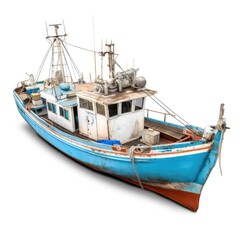 Old blue and white fishing boat with equipment on a white background