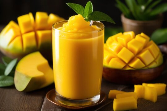 Indian mango cocktail lassi with honey for breakfast, healthy food concept, generative AI content.