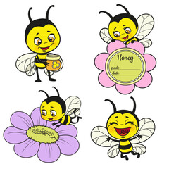 Cute cartoon bees and flower color variation for coloring page on white background