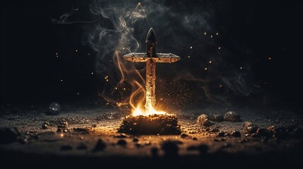 A Christian cross burns with fire against a black background. Generative AI.