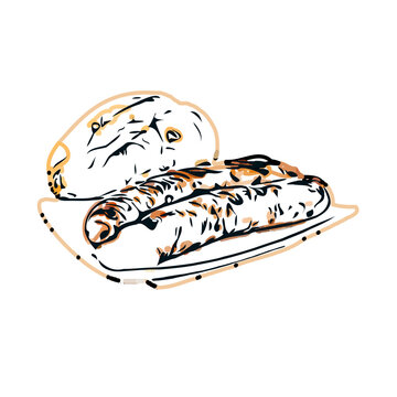 Grilled sausage color sketch with transparent background