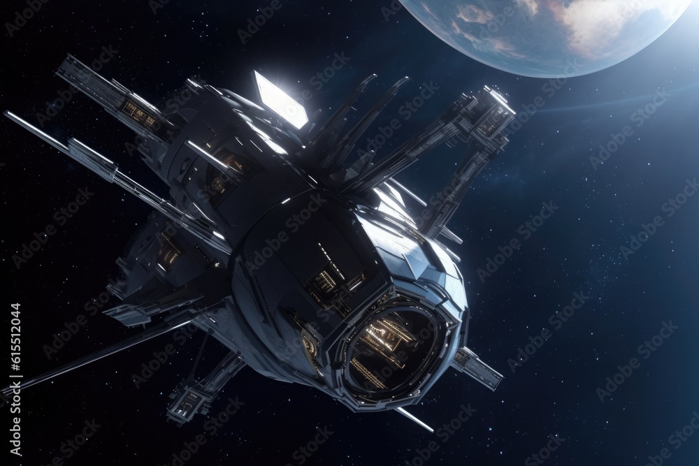 Poster shot of a futuristic spacecraft launching into space, created with generative ai