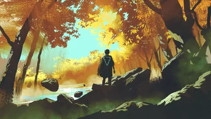 Fototapeten Man traveling in autumn forest, digital art style, illustration painting © grandfailure