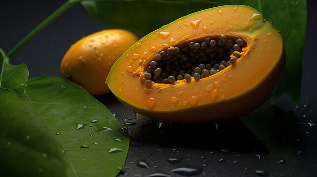 papaya on a black background HD 8K wallpaper Stock Photographic Image