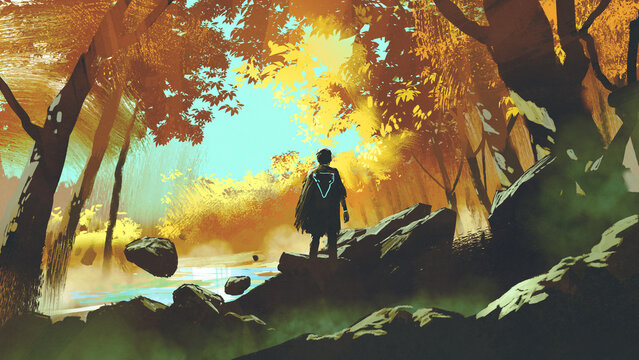 Fototapeta Man traveling in autumn forest, digital art style, illustration painting