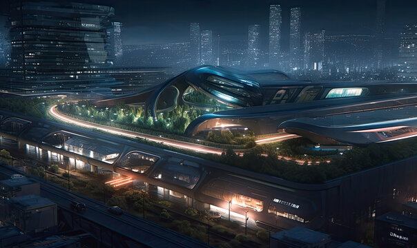 Generative AI illustration of futuristic night eco friendly city with glowing lights and greenery growing on unusual shaped buildings