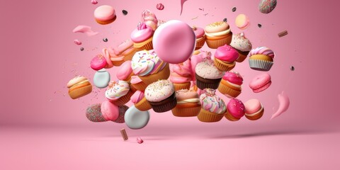 Floating donuts and Macarons in Pink and blue Ambiance generative AI