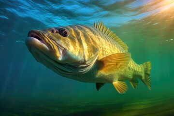 Largemouth Bass Fish Swimming Near the Surface of the Aqua-Colored Water - obrazy, fototapety, plakaty
