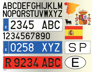 Spanish car plate, letters, numbers and symbols, Spain, European Union, vector illustration