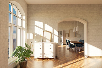 luxurious loft apartment with arched window and noble minimalistic interior living room design; 3D Illustration