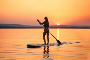 A woman doing paddle boarding at sunset. Generative AI