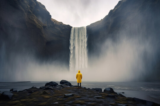 Anonymous person contemplating a waterfall in Iceland. Generative AI