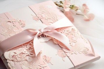 Beautiful wedding invitation envelope with pink ribbon and lace. 