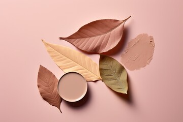 Autumn composition with leaves and makeup on a pastel background. Concept of cosmetics. Generated by AI.