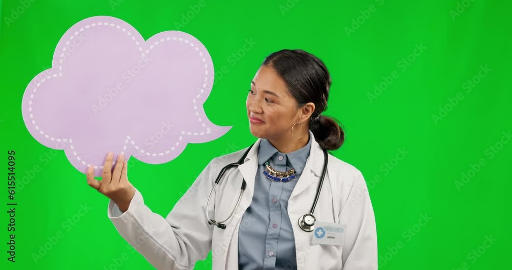 Canvas Prints Speech bubble, woman doctor and green screen for healthcare solution, goals and brainstorming mockup. Thinking poster, ideas and medical nurse or asian person for memory on a studio background