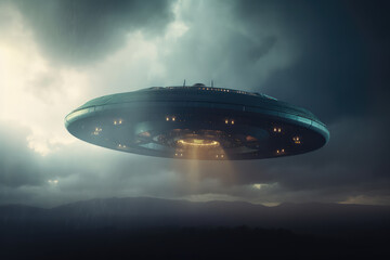a ufo with bright lights in a dark cloudy sky, sci-fi, dramatic art, generative AI