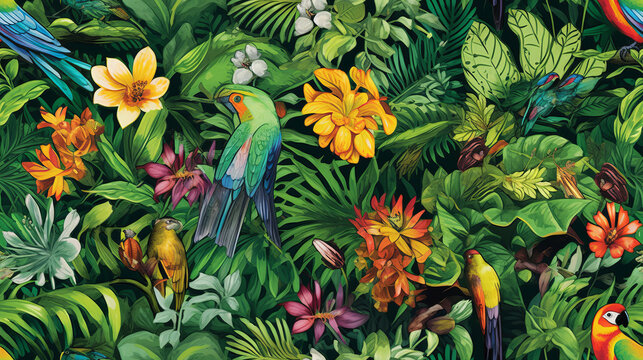 Fototapeta Seamless pattern background influenced by the organic forms and vibrant colors of tropical rainforests with colourful birds and flowers