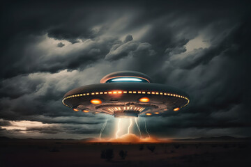 Fototapeta na wymiar a ufo with bright lights in a dark cloudy sky, sci-fi, dramatic art, generative AI