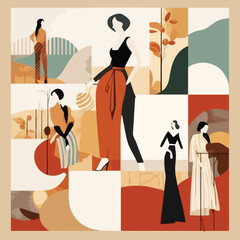 Abstract vintage wall art background vector. Collection of women in different poses, clothing, line art, organic shapes. Trendy style poster set for wall decoration, interior, wallpaper, banner
