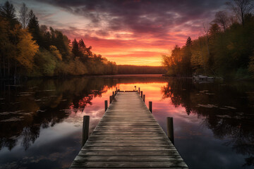 Tranquil morning landscape with peaceful reflection, vibrant sky, and diverse trees.