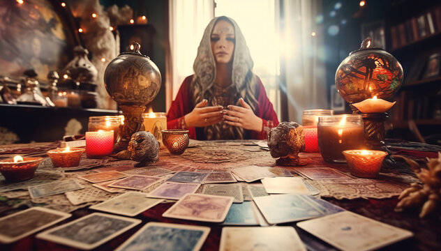 Tarot reader picking tarot cards. Fortune teller reading cards. Tarot cards face down on table near burning candles and crystal ball.Candlelight in dark.Tarot reader or Fortune teller reading and 