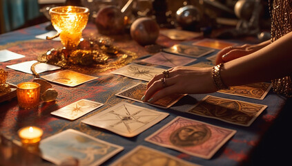 Tarot reader picking tarot cards. Fortune teller reading cards. Tarot cards face down on table near burning candles and crystal ball.Candlelight in dark.Tarot reader or Fortune teller reading and  - obrazy, fototapety, plakaty
