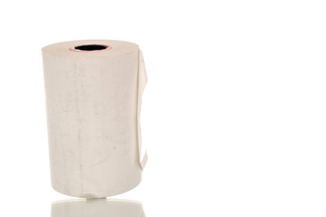 One roll of paper cash register tape, close up isolated on white background.