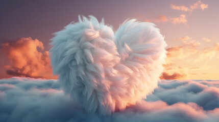 Soft white heart floating in the sky among clouds. Generative Ai.