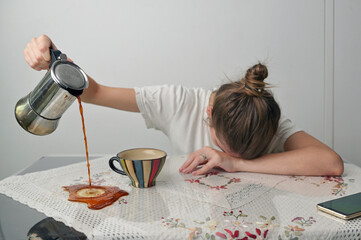 Tired Young Woman Having Sleep Deprivation and Pouring Coffee. - 615515433