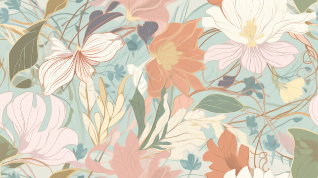 Seamless pattern background inspired by nature and botanical motifs with delicate flowers, leaves, and vines in soft pastel tones