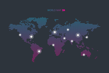 World icon with map pointers. Blue pink gradient illustration. Vector background for web page, template, sample, infographics, global business, travel