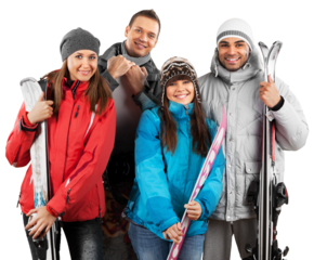 Happy young snowboarder and skiers couples isolated on white background