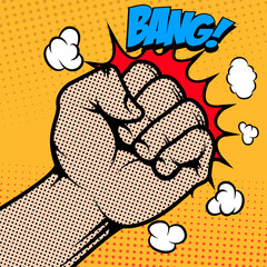Bang. Human fist in pop art style. Design element in vector.