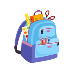 Blue backpack with school stationery. Vector cartoon illustration of school bag. Education icon.