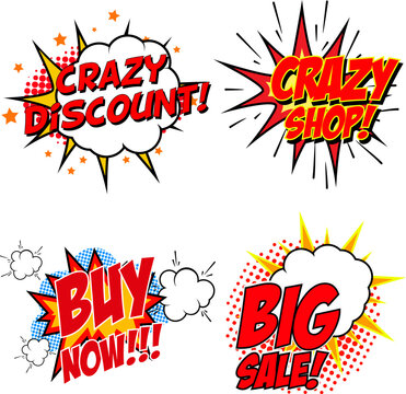 Crazy Discount! Big Sale! Buy Now! Crazy Shop! Set of  comic style phrases. Vector design elements.