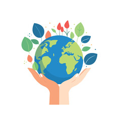 Hands holding earth globe and leaves isolated on white background. Earth day concept. Caring for Nature. International Mother Earth Day.  Vector stock