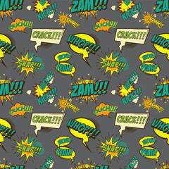 Stoffe zum Nähen Seamless pattern from comic style phrases on colorful background. Oops! Wow! Selfie! Hello! Whop! Censored! Design element in vector.