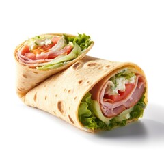 Fresh Turkey and Salad Wrap on White Background generative AI